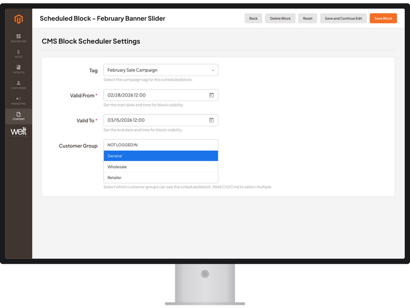 Magento 2 CMS Block Scheduler and Targeting
