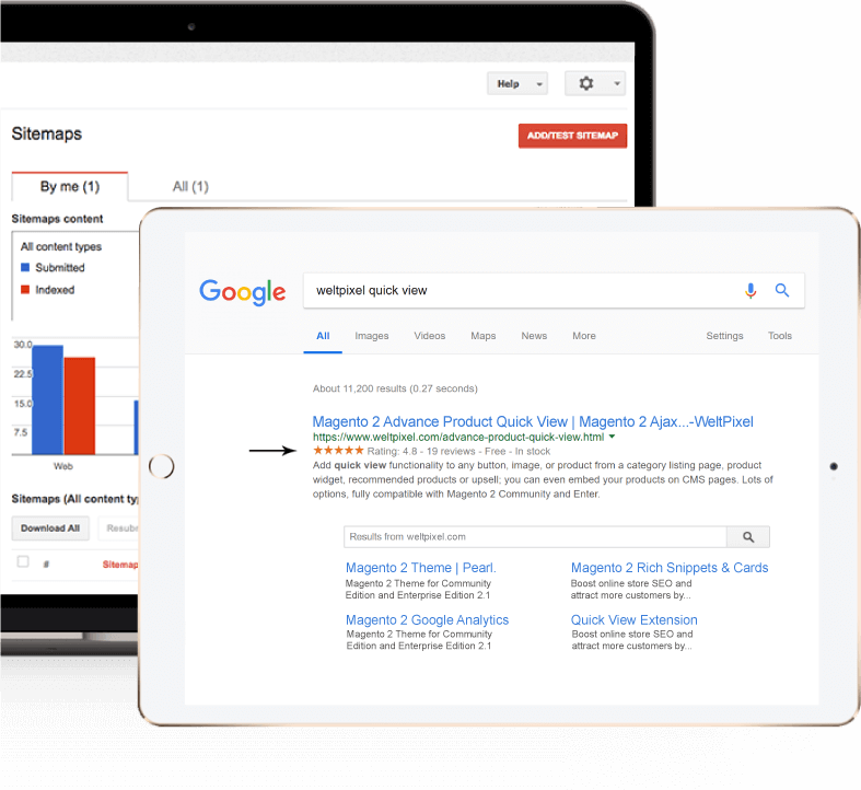 Stack. Framework and Extension Pack page Google Analytics screen on phone with graphs.