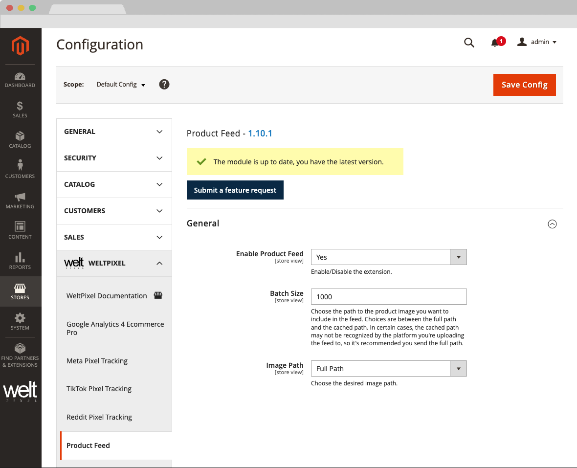 WeltPixel Product Feed General Configuration